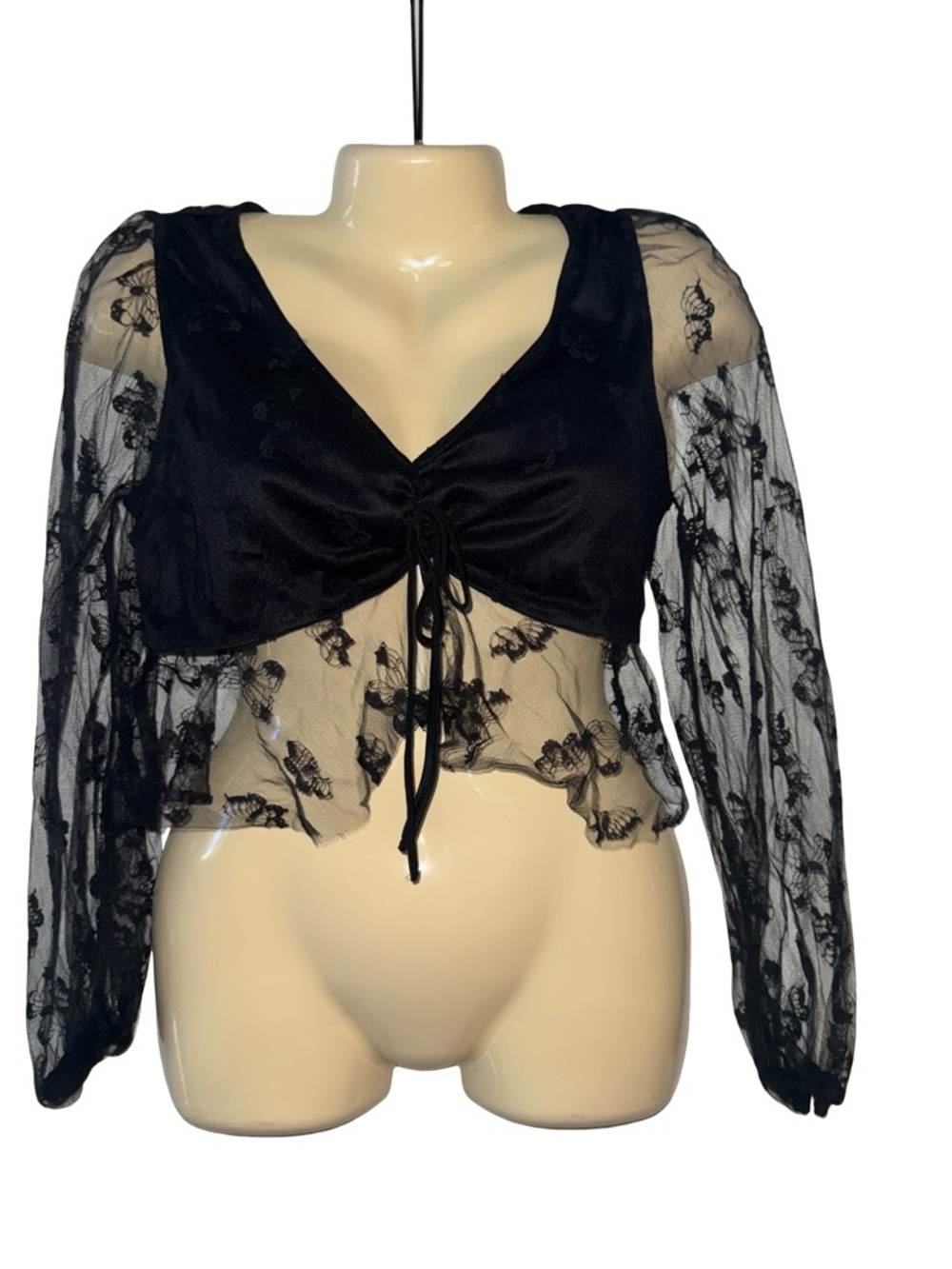 SHEIN Black butterfly Mesh Tie-Front Crop Top